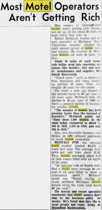 Northland Motel - Jul 1961 Petoskey News Article About Motel Business